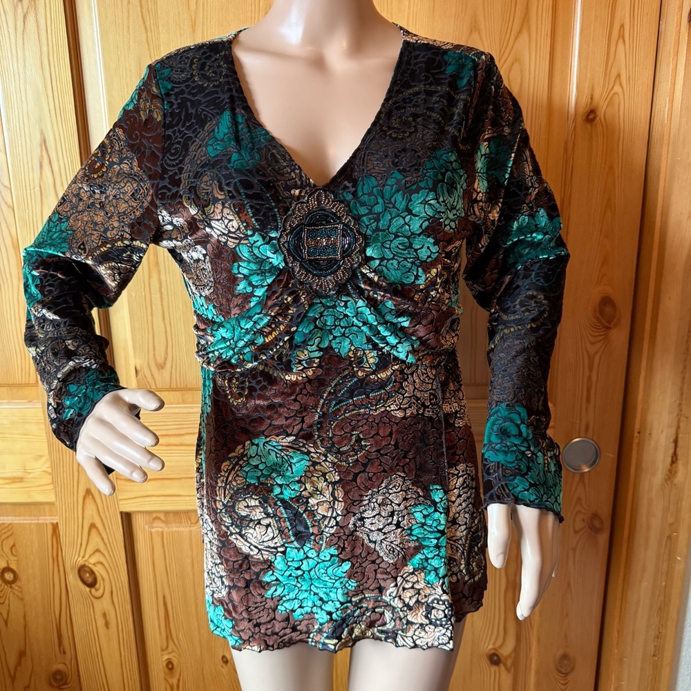 Suzie Couture Y2K Babydoll Top L Velvet Burnout Beaded  Whimsigoth Boho Fairy